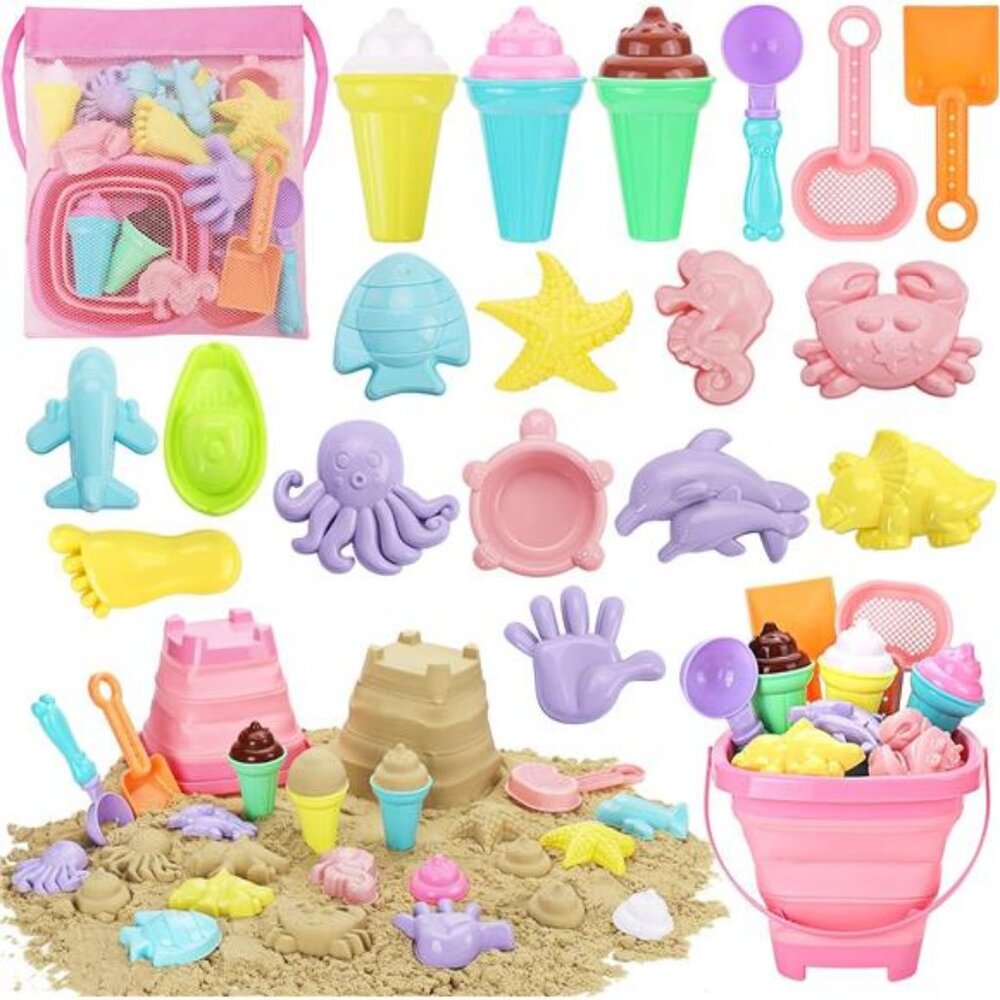 Beach Toys, Ice Cream Sand Toys with Collapsible Bucket and Shovels for Kids